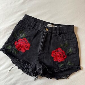 Black Denim Shorts with Red Floral Embroidery